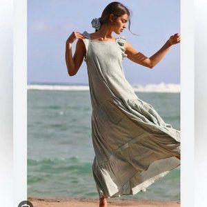 NWT Free People S Caught in Motion Maxi Dress Linen green Summer Tiered Beach